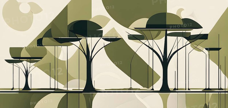 Abstract geometric tree with a circular canopy and a rectangular trunk, arranged in a clean, balanced design with a limited color palette of olive green, deep brown, and ivory, AI generated