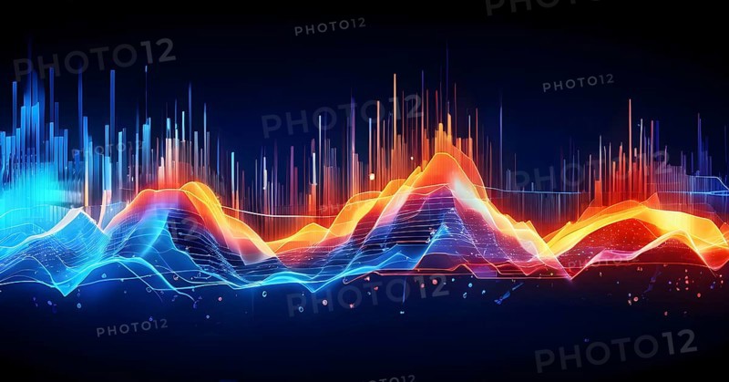 Abstract illustration of digital wave forms and circuits converging to form abstract symbols of various sports, then dispersing into flowing particles, AI generated