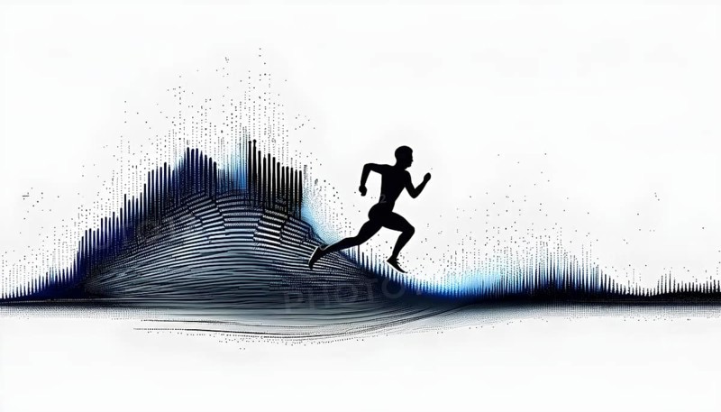 Wave of data points shaping into a runners silhouette, abstract illustration in black and white, conveying speed and precision guided by AI, AI generated