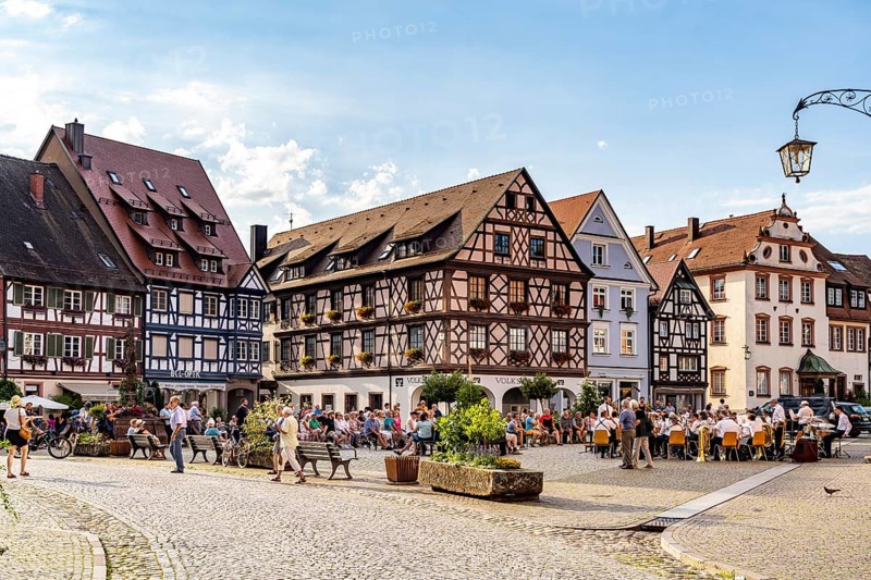 Half-timbered houses on the market square in the old town centre of Gengenbach, Black Forest, Baden-Württemberg, Germany, Europe