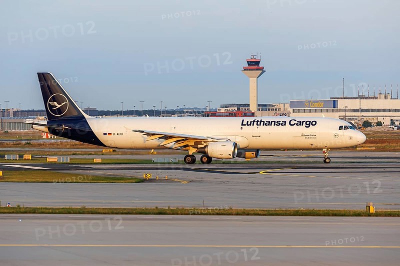 A Lufthansa Cargo Airbus A321-200P2F aircraft with the registration D-AEUI at the airport in Frankfurt, Germany, Europe