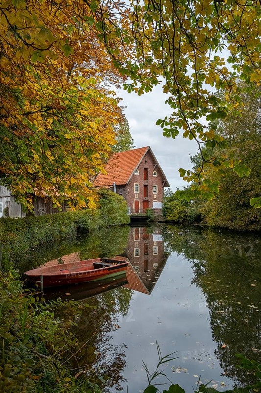 Historic watermill, Düstermühle on the River Dinkel, Legden, Münsterland, North Rhine-Westphalia, Germany, Europe