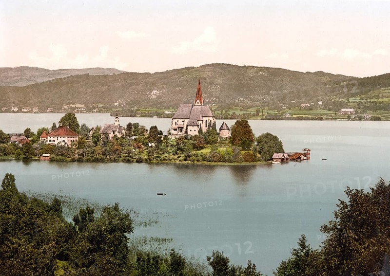 Maria-Wörth am Lake Wörth, Carinthia, Austro-Hungary, now Austria, digitally restored reproduction from a 19th century original, record date not stated, Maria-Wörth on Lake Wörth, Carinthia, Austro-Hungary, now Austria, digitally restored reproduction from a 19th century original, record date not stated
