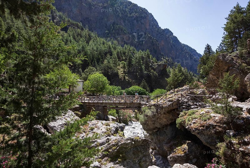Bridge on the hiking trail through the Samaria Gorge, south coast, Crete, Greece, Europe