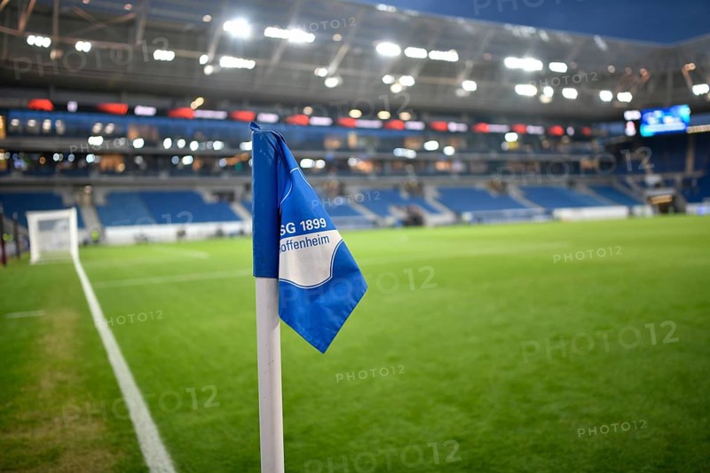 Interior, pitch, corner flag, TSG 1899 Hoffenheim logo, floodlight, blue hour, Europa League, PreZero Arena, Sinsheim, Baden-Württemberg, Germany, Europe