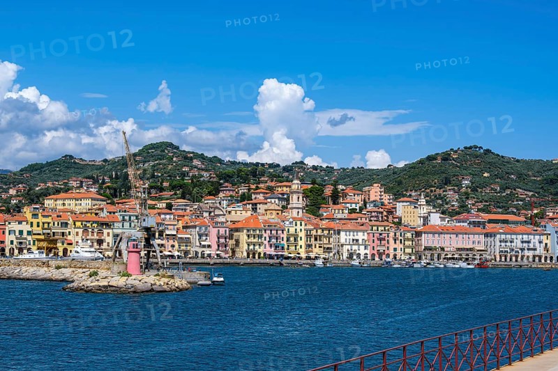 View from the Long Pier of the picturesque row of houses on the harbour in the Oneglia district of Imperia, Liguria, Italy, Europe