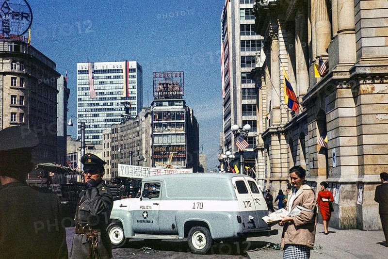 Police on the street on the day of President Kennedy's visit, Bogota, Colombia, South America, 12 December 1961, South America