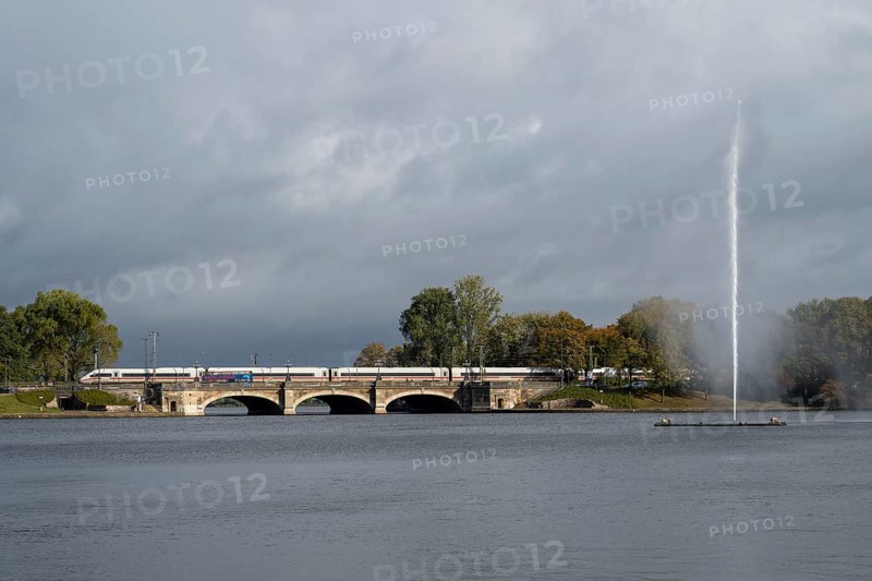ICE standing on the Lombardsbrücke, Inner Alster Lake, Hamburg, Germany, Europe