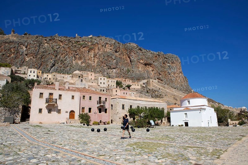 Square in the lower town of the Byzantine castle town of Monemvassia, Monemwassia, Monembasia, behind the house where the Greek poet Yannis Ritsos was born, Laconia, Peloponnese, Greece, Europe