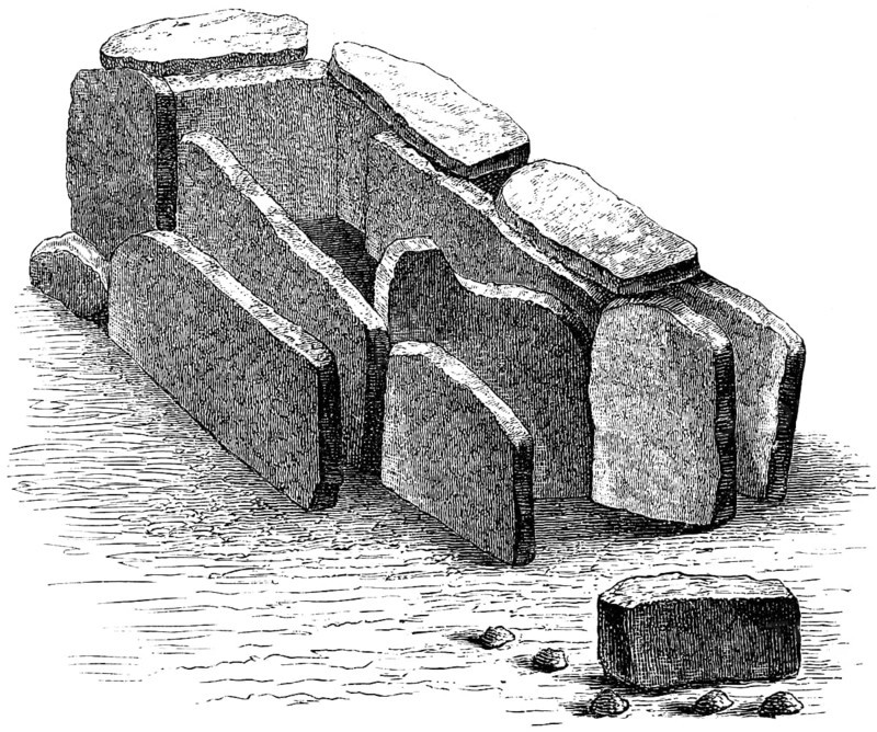 Burial chamber or dolmen Plantées de Rive, dolmen of Auvernier, Neolithic period, canton of Neuchâtel, history of mankind, Switzerland, historical illustration 1880, Europe