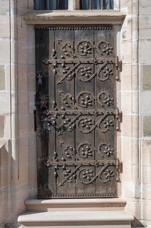 Side entrance of St Vitus Church, Iphofen, Lower Franconia, Bavaria, Germany, Europe