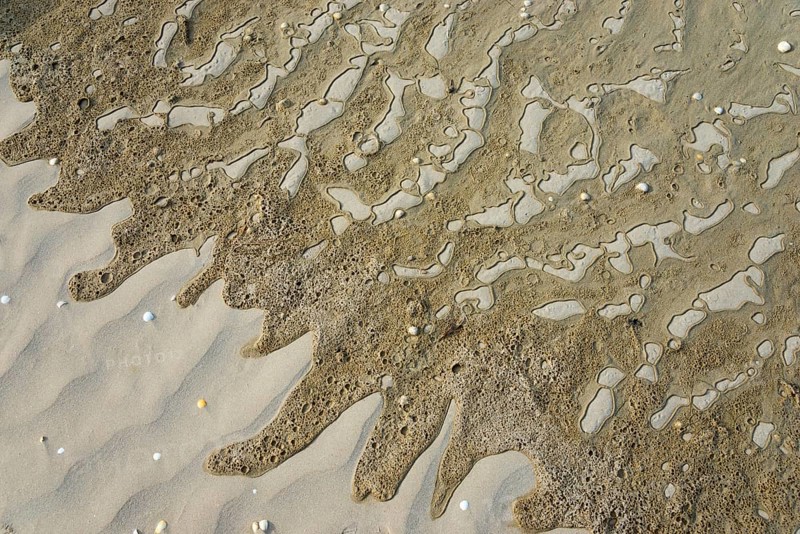Wet sand surface with wavy patterns and small pebbles, Plage Saint Efflamm, Plestin-les-Grèves, Breton Plistin, Arrondissement Lannion, Côtes-d'Armor, Brittany, France, Europe