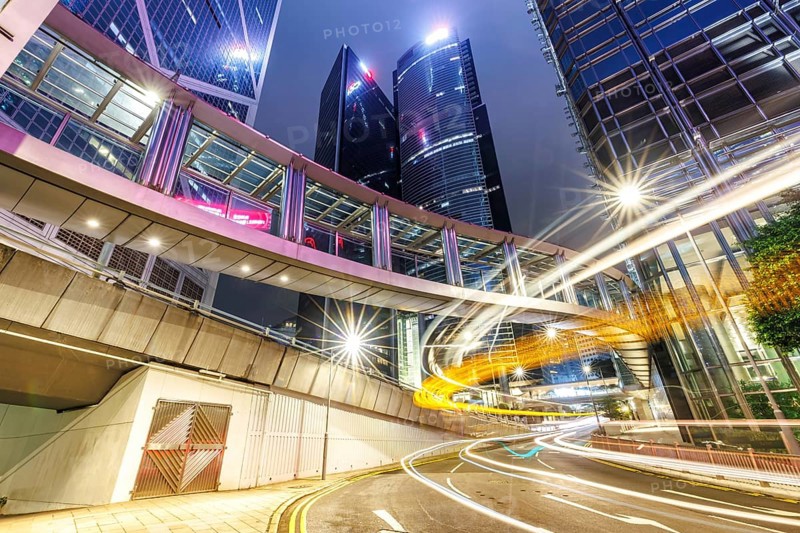 Hong Kong at night traffic with skyscrapers in Central district in Hong Kong, China, Asia