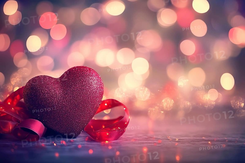 Red Valentine's Day heart with bow and blurred lights in the background greeting card generated in Stuttgart, Germany, KI, AI generated, Europe