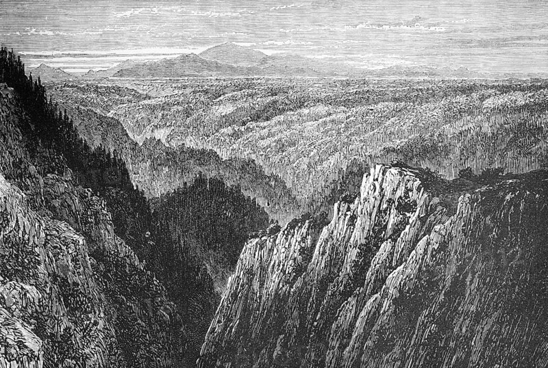 The Brocken with the Bode Valley, low mountain range and Harz National Park, forest area, Saxony-Anhalt, geological history, travel, Germany, historical illustration 1885, Europe