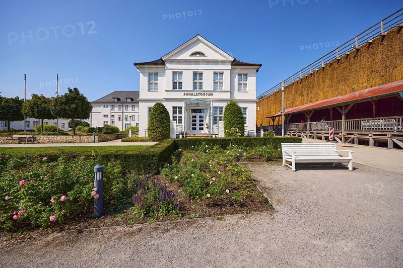 Historic inhalatorium with graduation tower and rose garden in Bad Salzuflen, Lippe district, North Rhine-Westphalia, Germany, Europe