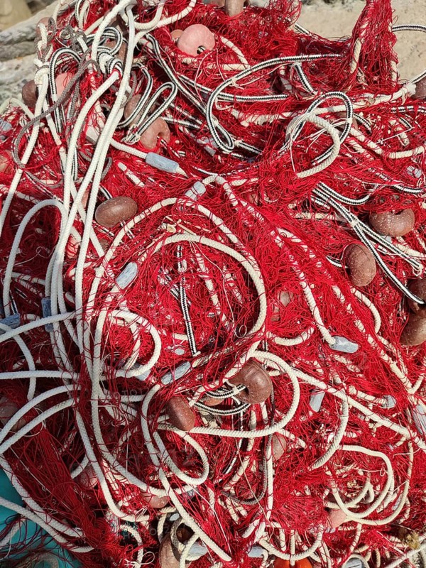 Fishing nets with ropes and floats, harbour, Santa Maria di Leuca, Apulia, Southern Italy, Italy, Europe