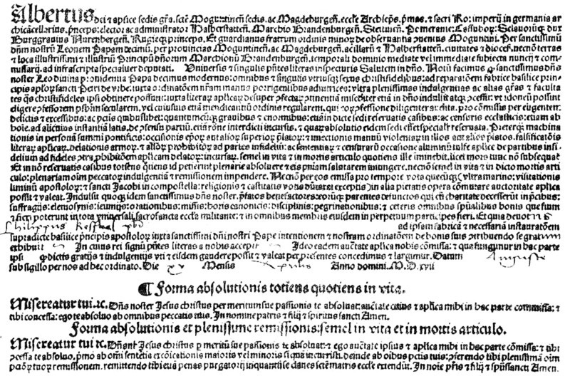 Facsimile, letter of indulgence in Latin dated 15 April 1517 issued on behalf of Archbishop Albrecht, Luther's countermovement, forgiveness of sins, money for remission of sins, historical illustration 1883