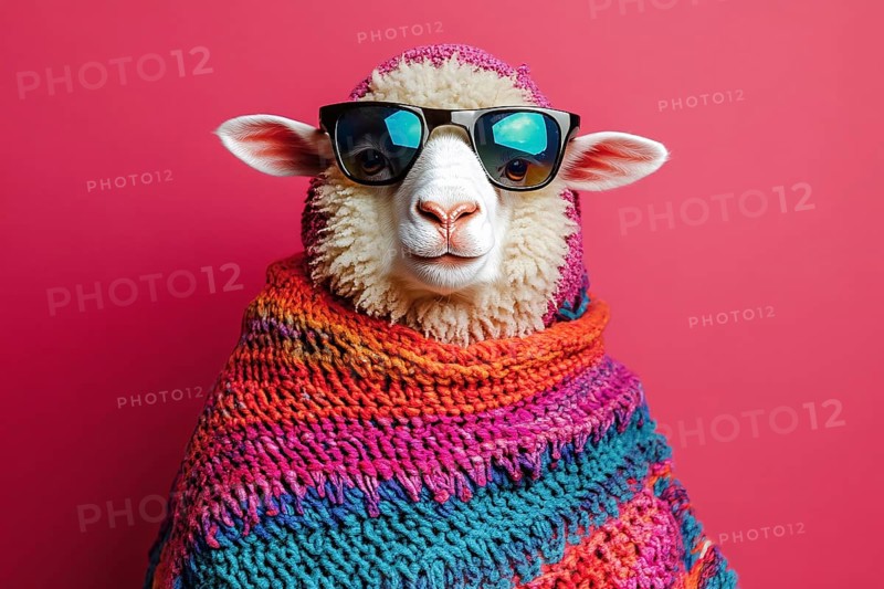 Cool sheep with sunglasses and knitted sweater in front of pink background. Generative Ai, AI generated