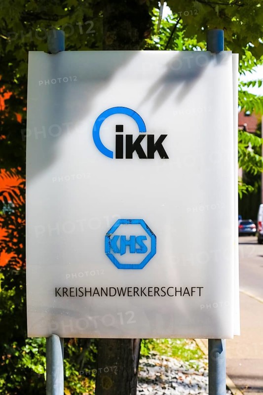Sign, IKK, logo, health insurance, district craftsmen's association, information board, letters, font, Reutlingen, Baden-Württemberg, Germany, Europe