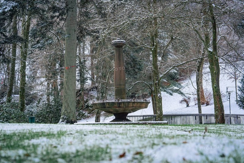 A snow-covered fountain under tall trees in the winter park, spa garden, Bad Wildbad, Black Forest, Germany, Europe
