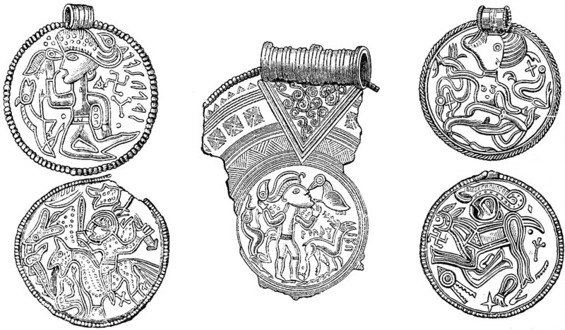 Bracteates, old coins or medals that were exchanged as valuables, made of wood or metal, Germanic bracteates since the migration of peoples in the 5th and 6th centuries BC, rich ornamentation with runic writing, human and animal motifs, history of mankind, historical illustration 1880