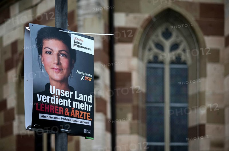 Election posters for the Bundestag election on 23 February 2025, Sahra Wagenknecht alliance, in front of LutherkircheFellbach, Baden-Württemberg, Germany, Europe