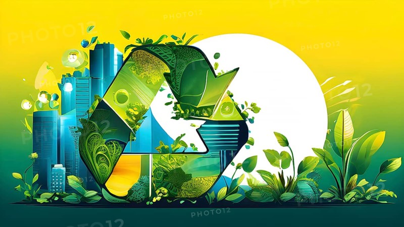 Recycling symbol morphing into growing plants and solar cells to symbolize the transformation of waste into renewable resources, AI generated