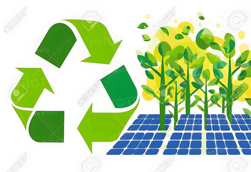 Recycling symbol morphing into growing plants and solar cells to symbolize the transformation of waste into renewable resources, AI generated