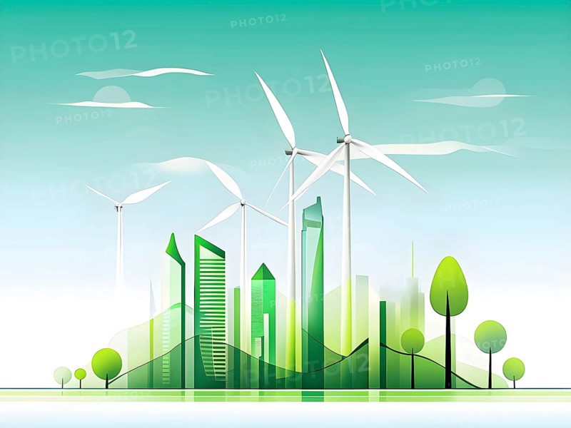 Abstract visual illustration of a city skyline where buildings morph into wind turbines and trees, AI generated