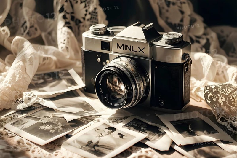 Vintage film camera surrounded by black and white photos in soft sunlight, AI generated