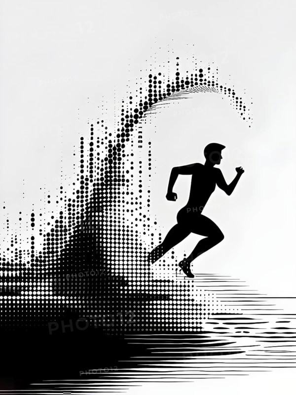 Wave of data points shaping into a runners silhouette, abstract illustration in black and white, conveying speed and precision guided by AI, AI generated