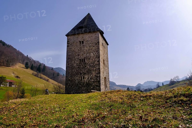 Schellenberger Passturm, Passthurm, watchtower, former border fortification, Marktschellenberg, Berchtesgaden, Upper Bavaria, Bavaria, Germany, Europe