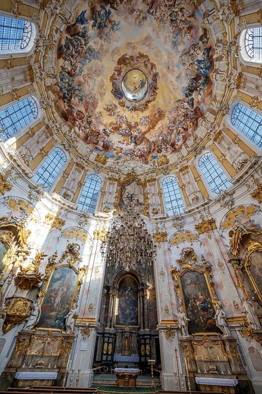Interior of the baroque church with ceiling paintings and altar, Ettal Abbey, baroque Benedictine abbey, Ettal, Upper Bavaria, Bavaria, Germany, Europe