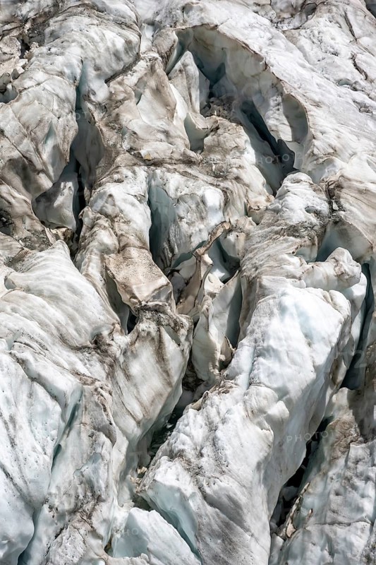 Glacier ice with crevasses, La Jonction, Chamonix, Haute-Savoie, France, Europe