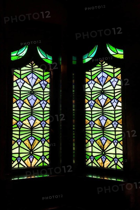 Stained glass window in the staircase, interior design of the town hall in Chemnitz, Saxony, Germany, Europe