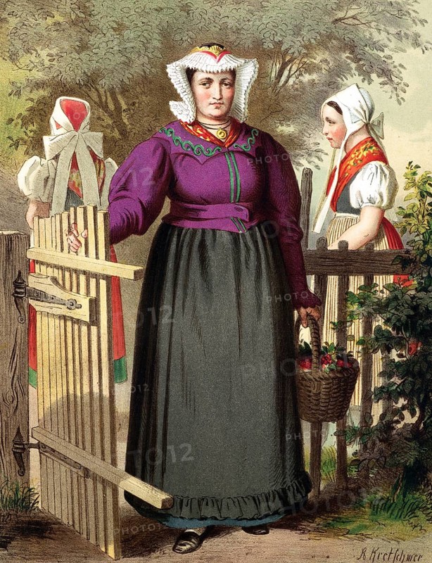 Traditional costumes in Germany around 1820, Province of Silesia, Tannhausen, A woman in traditional traditional costume with a fruit basket stands next to a wooden gate in a village, digitally retouched reproduction of a model from around 1850, by Albert Kretschmer (27 February 1825, 11 July 1891), German painter and costume expert