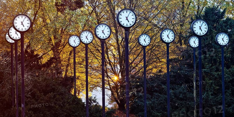 Artwork Time field, 24 synchronised station clocks, Artist Klaus Rinke, Time changeover, Volksgarten, Düsseldorf, North Rhine-Westphalia, Germany, Europe