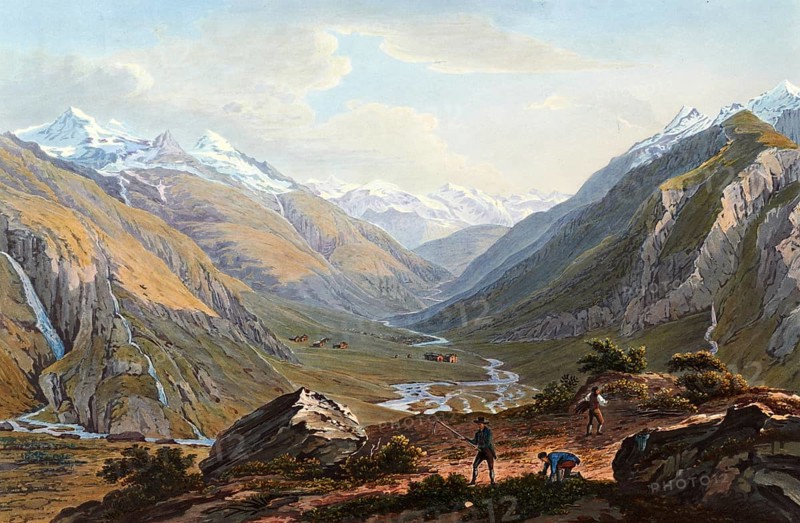 View from the foot of the Lukmanier, Swiss mountain pass, to Sainte Marie and the valley of Medels, Switzerland, view around 1830, digitally restored reproduction of a 19th century model by Johann Ludwig Bleuler (12 February 1792 - 28 March 1850), Swiss draughtsman and painter, Europe