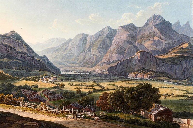 View of the mountains, taken below Sargans Castle, Canton of St. Gallen, Switzerland, view from around 1830, digitally restored reproduction of a 19th century model by Johann Ludwig Bleuler (12 February 1792 - 28 March 1850), Swiss draughtsman and painter, Europe