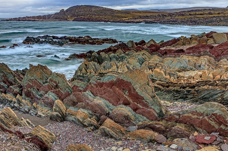 Colourful rocks, rock, coast, sea, waves, cloudy, Varanger Peninsula, Norway, Europe