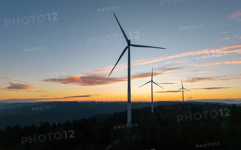Wind turbines form a silhouette against a dramatic sunrise, wind farm, Rems Valley, Baden-Württemberg, Germany, Europe
