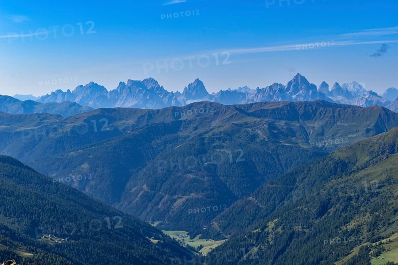View over the Unterstalleralm in the Villgratner Valley to the wild mountains of the Sexten Dolomites, Deferegger Alps, East Tyrol, Austria, Europe