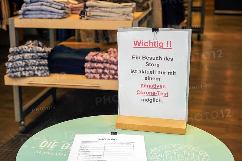 Recklinghausen, North Rhine-Westphalia, Germany - Click & Meet, register online or directly on site and shopping is only possible with a negative current corona test, old town of Recklinghausen in times of the corona crisis during the second lockdown, shops in North Rhine-Westphalia are partially open under certain conditions