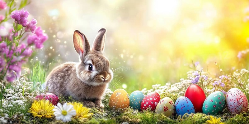 Easter bunny with Easter eggs for Easter in spring Greeting card panorama with text free space Copyspace in Stuttgart, Germany, AI generated, Europe
