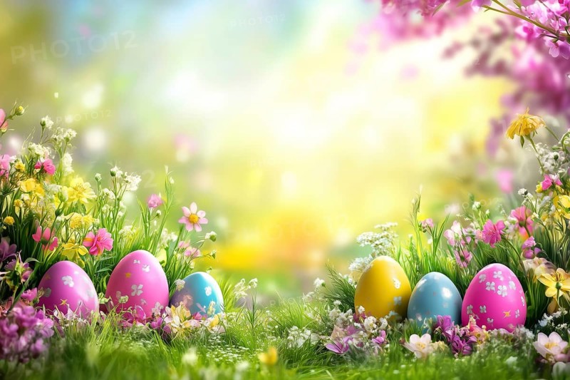 Easter egg hunt Easter egg hunt with flowers in a meadow in spring Greeting card with text free space Copyspace in Stuttgart, Germany, AI generated, Europe