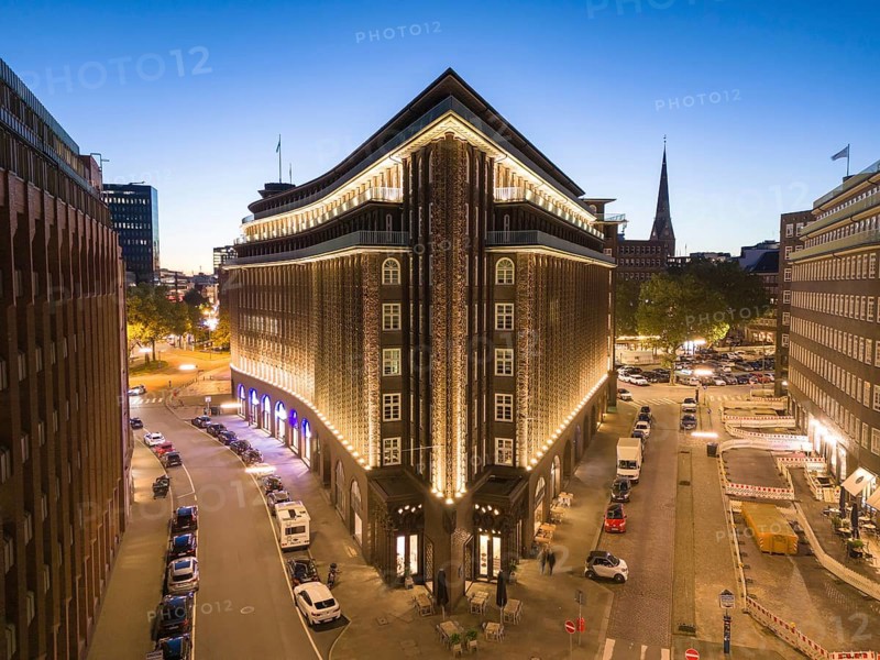Aerial view of the Kontorhaus Chilehaus in Hamburg's Kontorhaus district at the blue hour, Hamburg, Germany, Europe
