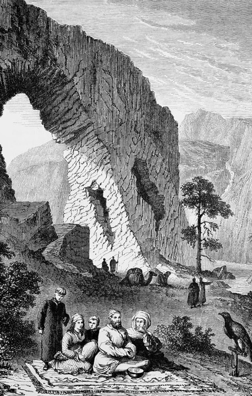 Chalcha Mongols at rest, family sitting on carpet outdoors, native Chalcha people, rest, food, mountain landscape, camel, tame falcon on a perch, travelling in Asia, Mongolia, historical illustration 1887, Asia