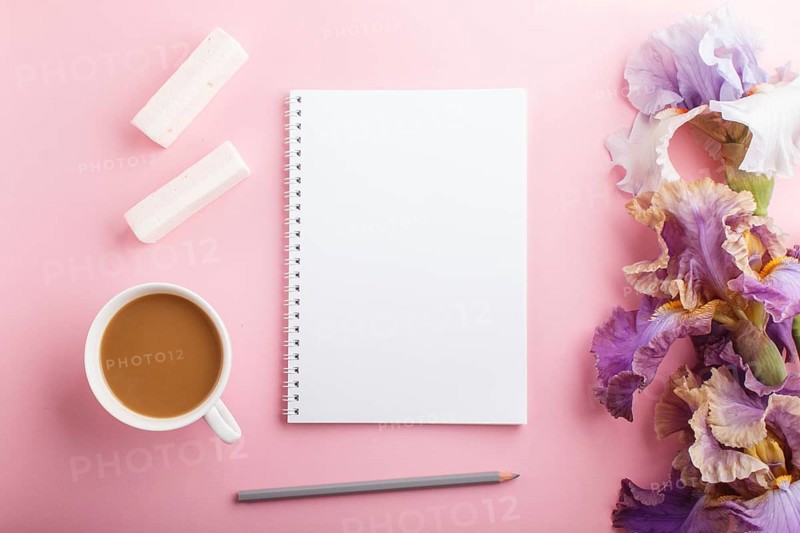 Purple and blue iris flowers and a cup of coffee with notebook on pastel pink background. Morninig, spring, fashion composition. Flat lay, top view