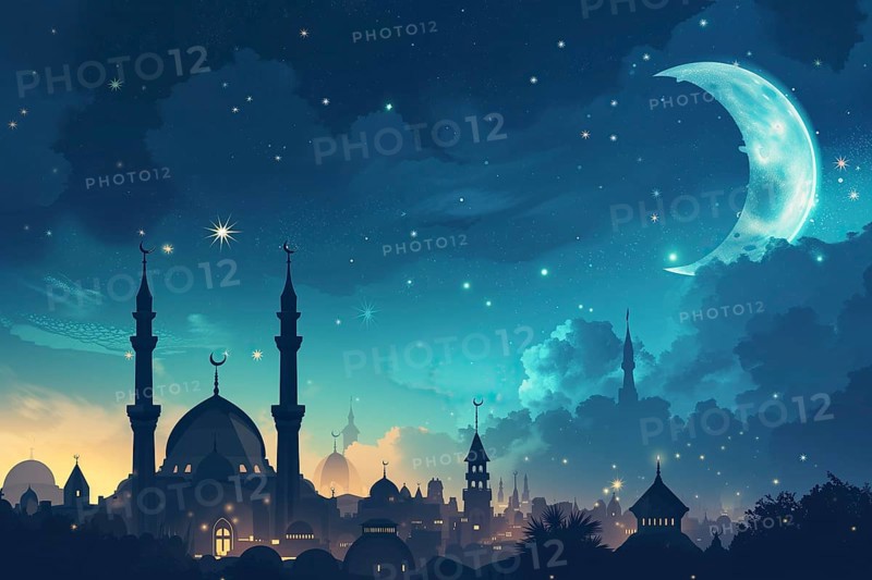 Ramadan with a mosque silhouetted against a starry night sky, illuminated by the crescent moon, AI generated